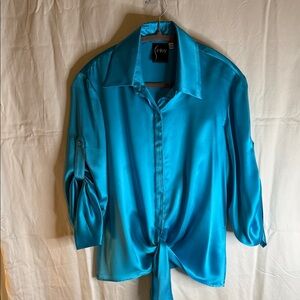 Finley Turquoise Silk Button-Front Tie Blouse